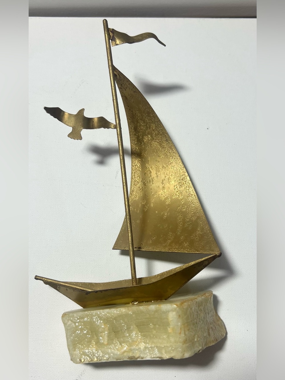 VTG Brass-Tone Sailboat Sculpture on Stone Base - Nautical Home Accent